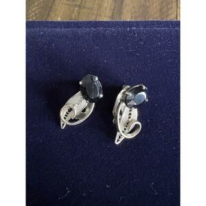VTG W. Germany Black Oval Rhinestone w Silvertone Clip Earrings Elegant Filigree